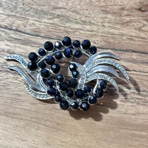 Vintage Retro Monet Art Deco Silver Tone Black Rhinestone Brooch 2” Collectible